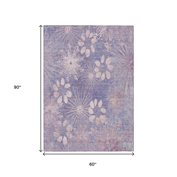 HomeRoots 5' Purple and Ivory Floral Washable Area Rug - Durable Indoor/Outdoor Decor for High Traffic Spaces 639342