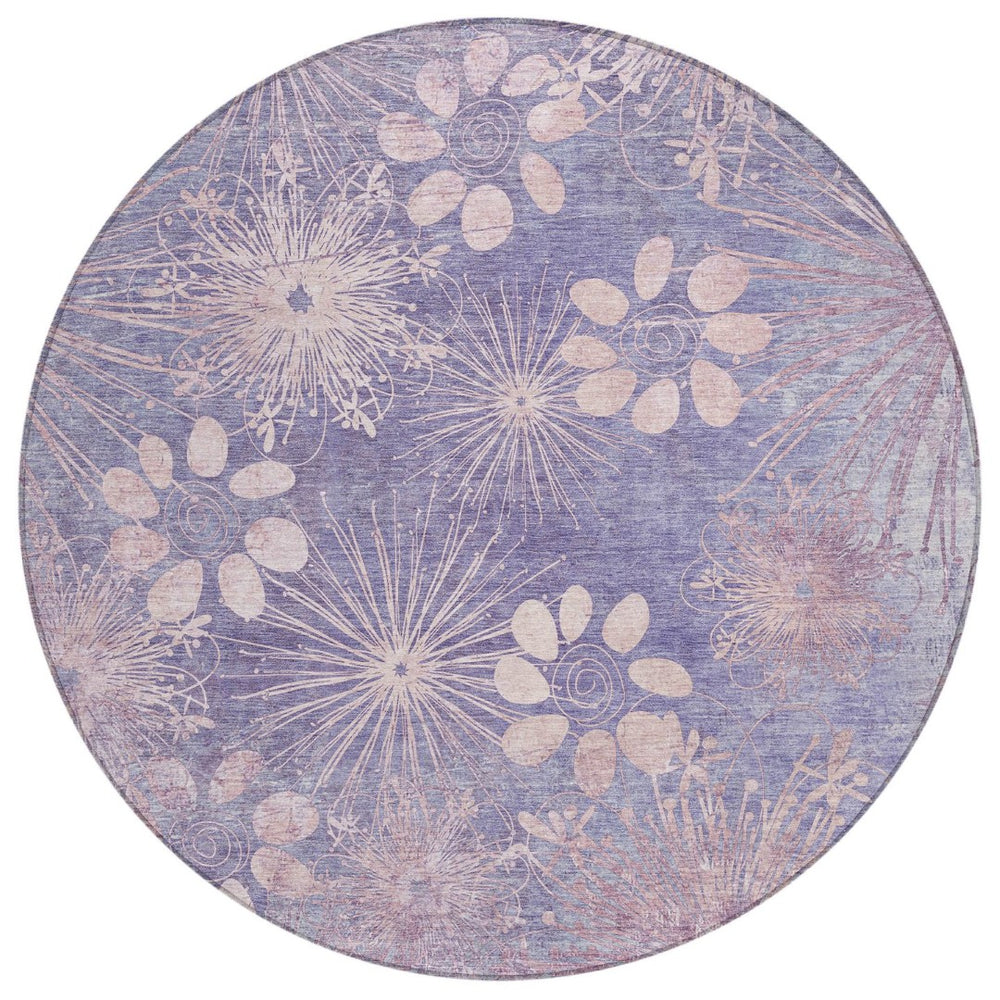 HomeRoots 8' Purple Floral Round Area Rug - Washable, Durable, Stylish for Indoor & Outdoor Spaces, Easy Care! 639343