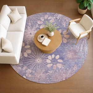 HomeRoots 8' Purple Floral Round Area Rug - Washable, Durable, Stylish for Indoor & Outdoor Spaces, Easy Care! 639343