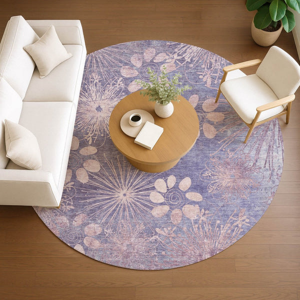 HomeRoots 8' Purple Floral Round Area Rug - Washable, Durable, Stylish for Indoor & Outdoor Spaces, Easy Care! 639343