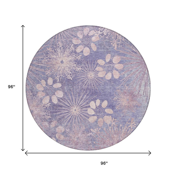 HomeRoots 8' Purple Floral Round Area Rug - Washable, Durable, Stylish for Indoor & Outdoor Spaces, Easy Care! 639343