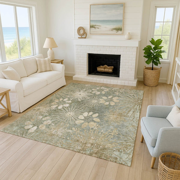 HomeRoots 5' Sage & Beige Floral Area Rug – Washable, Durable & Versatile for Indoor/Outdoor Use, 5' x 8' 639348