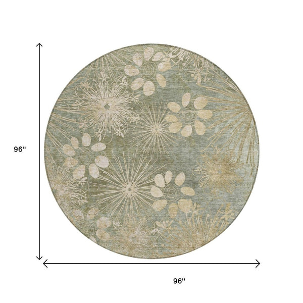 HomeRoots 8' Sage Floral Round Area Rug - Washable, Durable, Stylish for Indoor & Outdoor Spaces, Pet Friendly 639349