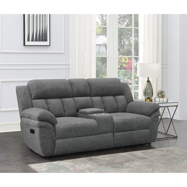 English Elm Divine Chenille Reclining Loveseat with Tufted Pillowtop Arms and Built-in Console B062S01414