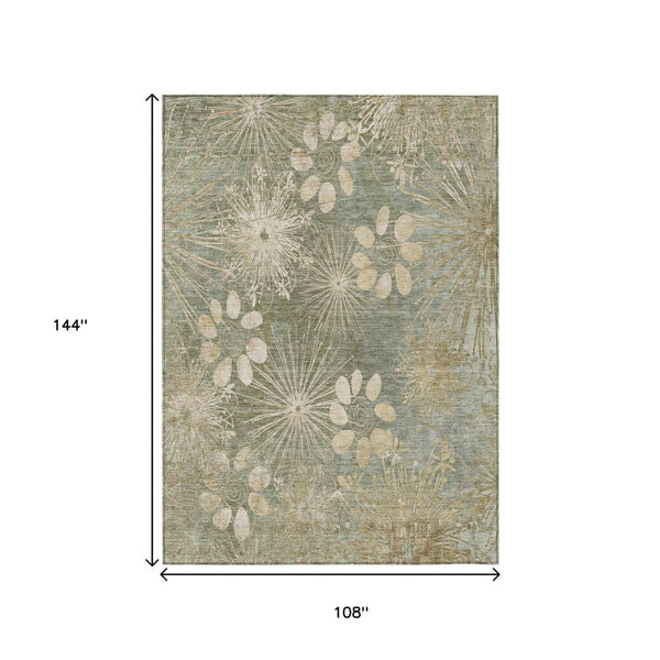 HomeRoots 9' X 12' Sage Floral Area Rug - Durable Indoor/Outdoor Design, Washable, Stain-Resistant & Stylish 639351