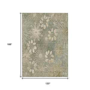 HomeRoots 10' Sage and Beige Floral Washable Area Rug - Versatile, Durable, Indoor/Outdoor Charm for Any Space 639352