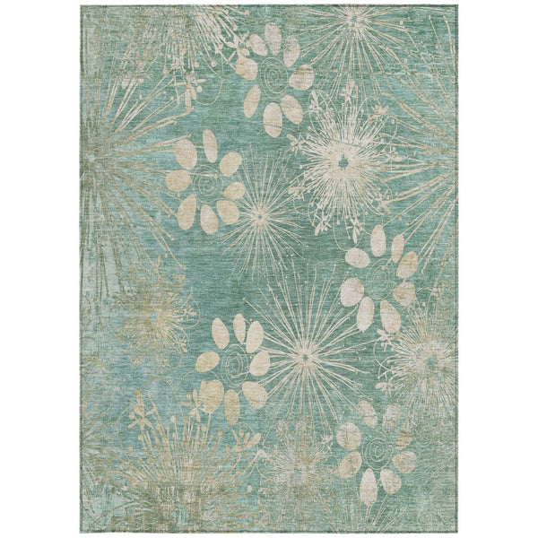 HomeRoots 5' Teal Blue & Beige Floral Washable Rug - Durable Indoor/Outdoor Area Rug for Busy Homes & Style 639354