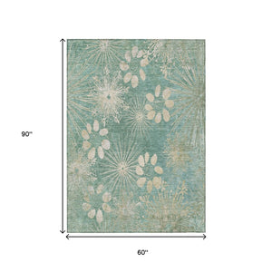 HomeRoots 5' Teal Blue & Beige Floral Washable Rug - Durable Indoor/Outdoor Area Rug for Busy Homes & Style 639354