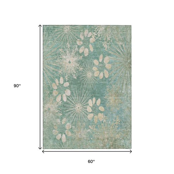 HomeRoots 5' Teal Blue & Beige Floral Washable Rug - Durable Indoor/Outdoor Area Rug for Busy Homes & Style 639354
