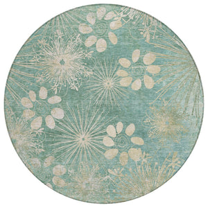 HomeRoots 8' Teal Blue & Beige Round Floral Area Rug - Washable, Durable, Perfect for Indoor & Outdoor Spaces! 639355