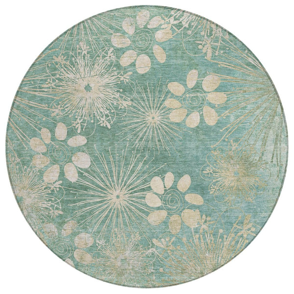 HomeRoots 8' Teal Blue & Beige Round Floral Area Rug - Washable, Durable, Perfect for Indoor & Outdoor Spaces! 639355