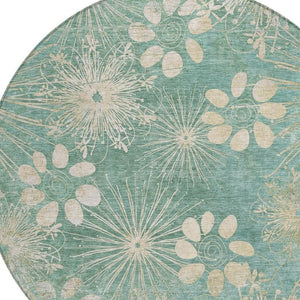 HomeRoots 8' Teal Blue & Beige Round Floral Area Rug - Washable, Durable, Perfect for Indoor & Outdoor Spaces! 639355