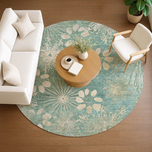 HomeRoots 8' Teal Blue & Beige Round Floral Area Rug - Washable, Durable, Perfect for Indoor & Outdoor Spaces! 639355