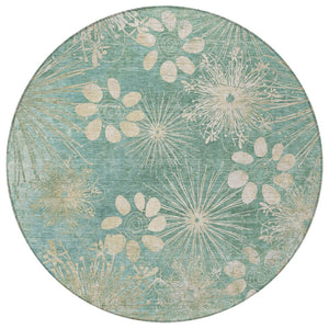 HomeRoots 8' Teal Blue & Beige Round Floral Area Rug - Washable, Durable, Perfect for Indoor & Outdoor Spaces! 639355