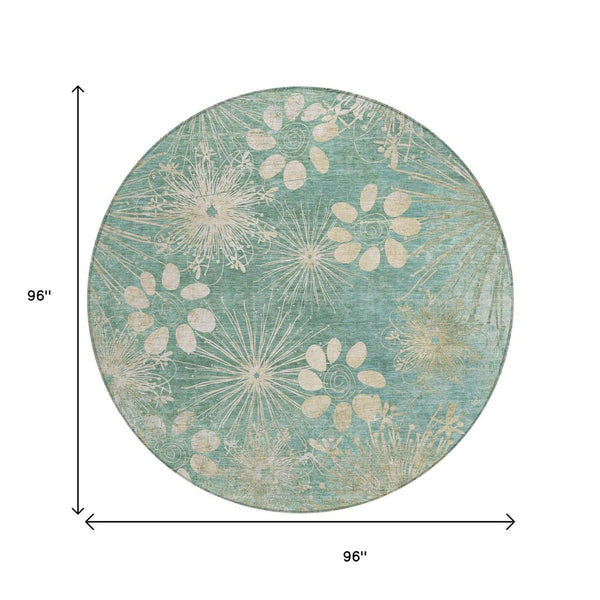 HomeRoots 8' Teal Blue & Beige Round Floral Area Rug - Washable, Durable, Perfect for Indoor & Outdoor Spaces! 639355