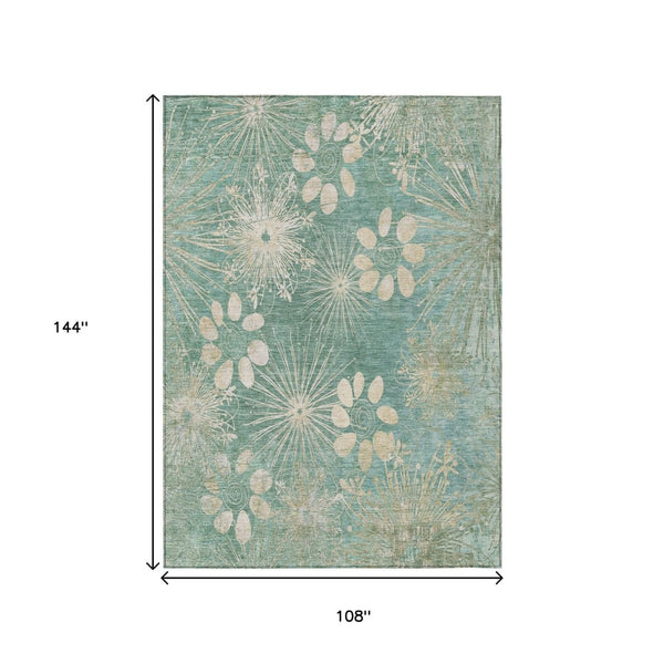HomeRoots 9' Teal Blue & Beige Floral Area Rug – Washable, Durable, Indoor/Outdoor Design for Classic Elegance 639357