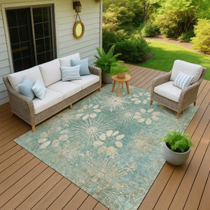 HomeRoots 9' Teal Blue & Beige Floral Area Rug – Washable, Durable, Indoor/Outdoor Design for Classic Elegance 639357