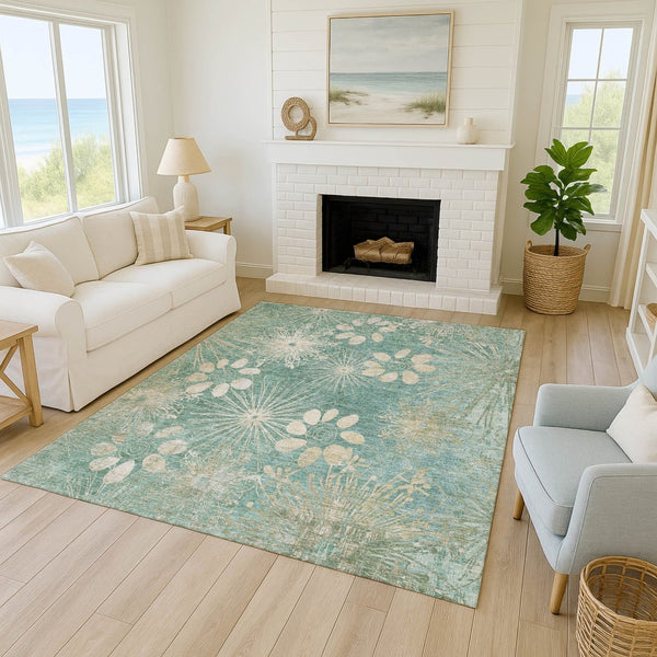 HomeRoots 9' Teal Blue & Beige Floral Area Rug – Washable, Durable, Indoor/Outdoor Design for Classic Elegance 639357