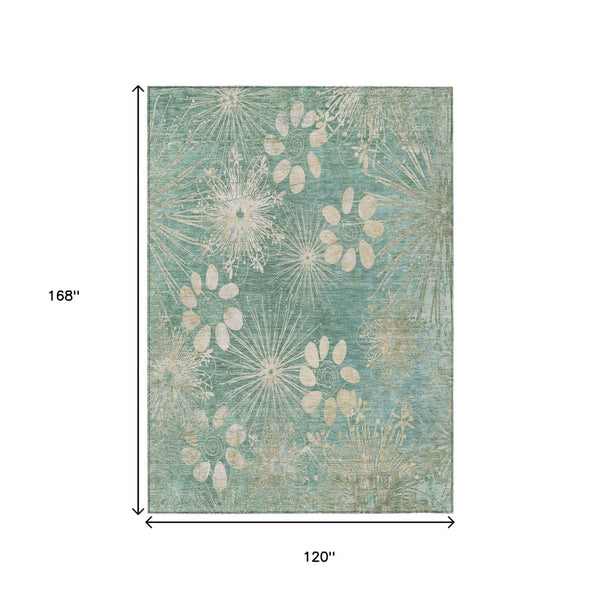 HomeRoots 10' Teal Blue & Beige Floral Indoor-Outdoor Area Rug | Washable, Durable, Perfect for High-Traffic Spaces 639358