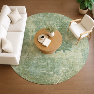HomeRoots 8' Artichoke Green Round Abstract Area Rug - Stylish, Washable & Durable for Indoor/Outdoor Use 639361