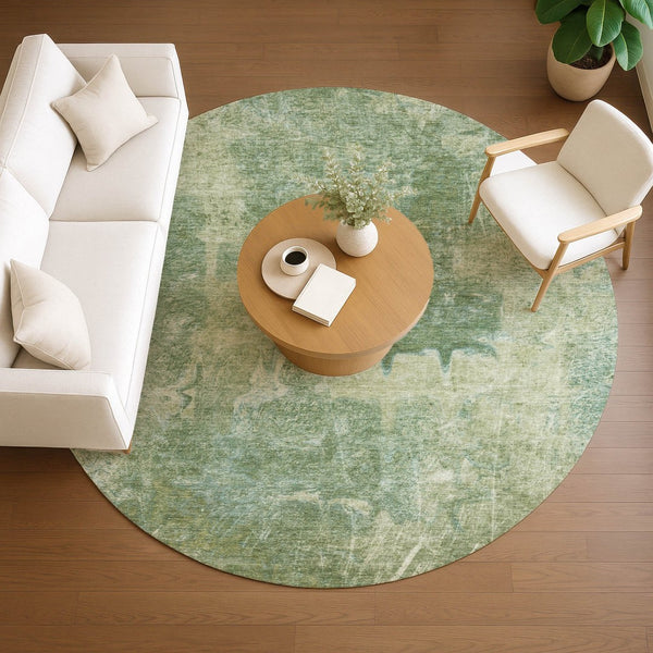 HomeRoots 8' Artichoke Green Round Abstract Area Rug - Stylish, Washable & Durable for Indoor/Outdoor Use 639361