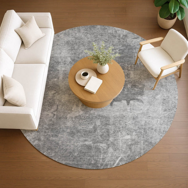 HomeRoots 8' Gray and Silver Round Abstract Rug – Stylish, Washable, Durable Design for Indoor & Outdoor Use! 639367