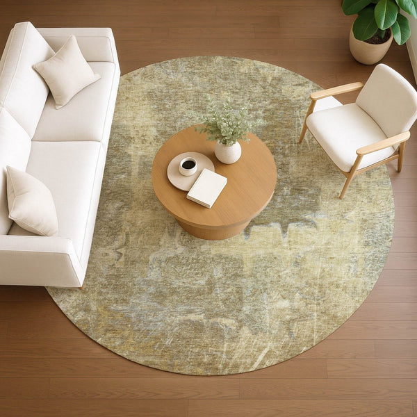 HomeRoots 8' Khaki and Beige Round Abstract Rug - Stylish, Washable, Durable for Indoor or Outdoor Spaces! 639373