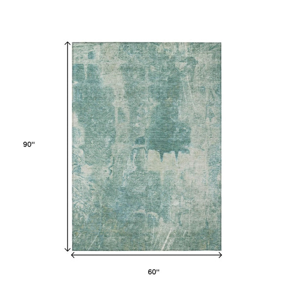 HomeRoots 5' Teal Blue and Ivory Abstract Area Rug - Washable, Durable, Indoor/Outdoor Versatile Décor Solution 639378
