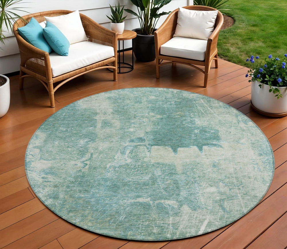 HomeRoots 8' Teal Blue Round Abstract Area Rug - Washable, Durable, Stylish for Indoor & Outdoor Spaces 639379
