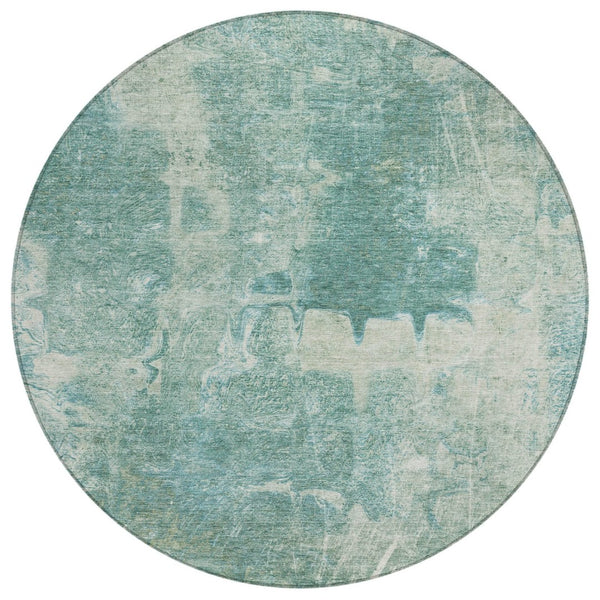 HomeRoots 8' Teal Blue Round Abstract Area Rug - Washable, Durable, Stylish for Indoor & Outdoor Spaces 639379