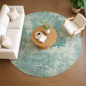 HomeRoots 8' Teal Blue Round Abstract Area Rug - Washable, Durable, Stylish for Indoor & Outdoor Spaces 639379