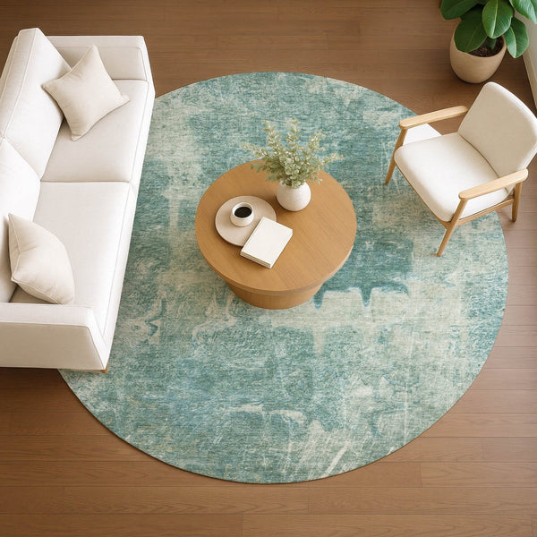HomeRoots 8' Teal Blue Round Abstract Area Rug - Washable, Durable, Stylish for Indoor & Outdoor Spaces 639379