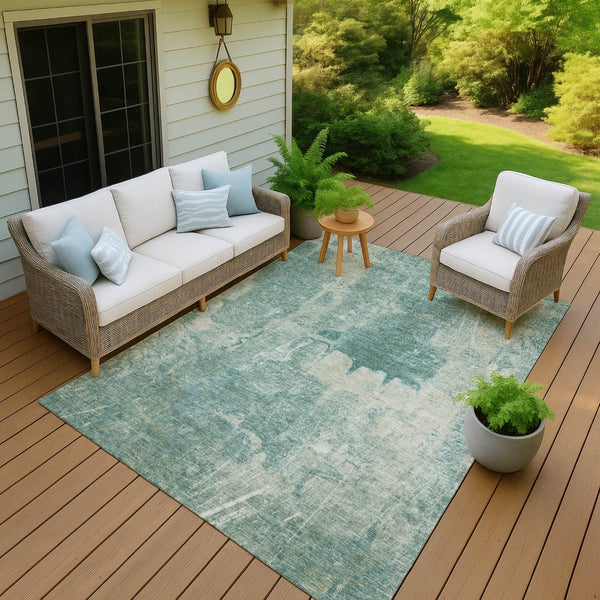 HomeRoots 10' Teal Blue and Ivory Abstract Area Rug - Stylish, Washable Design for Indoor & Outdoor Use! 639382