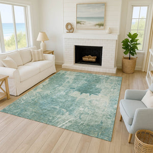 HomeRoots 10' Teal Blue and Ivory Abstract Area Rug - Stylish, Washable Design for Indoor & Outdoor Use! 639382