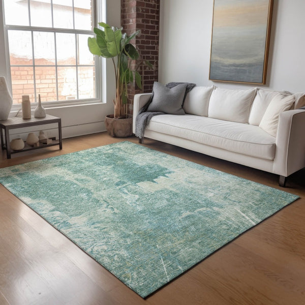 HomeRoots 10' Teal Blue and Ivory Abstract Area Rug - Stylish, Washable Design for Indoor & Outdoor Use! 639382