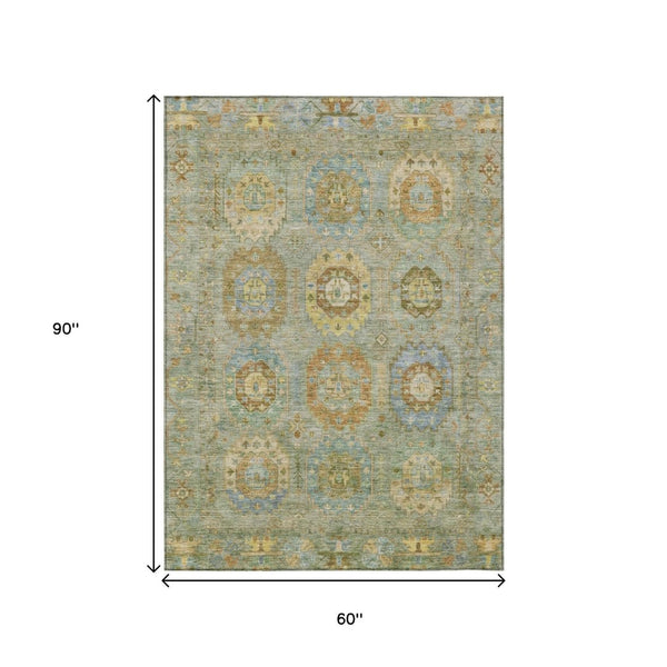 HomeRoots 5' Artichoke Green Brown Copper Medallion Washable Rug for Indoor & Outdoor Spaces - Durable & Stylish! 639390