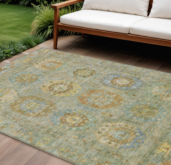 HomeRoots 8' Timeless Medallion Area Rug - Artichoke Green & Copper, Washable for Indoor/Outdoor Use, Durable Design 639392