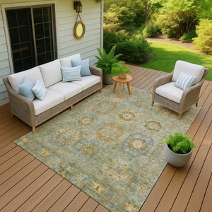 HomeRoots 10' Elegant Artichoke Green & Copper Medallion Indoor/Outdoor Area Rug - Washable & Durable Design 639394