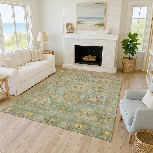 HomeRoots 10' Elegant Artichoke Green & Copper Medallion Indoor/Outdoor Area Rug - Washable & Durable Design 639394