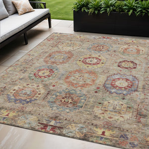 HomeRoots 5' X 8' Washable Beige, Red & Blue Medallion Area Rug - Perfect for Indoor & Outdoor Spaces! 639396