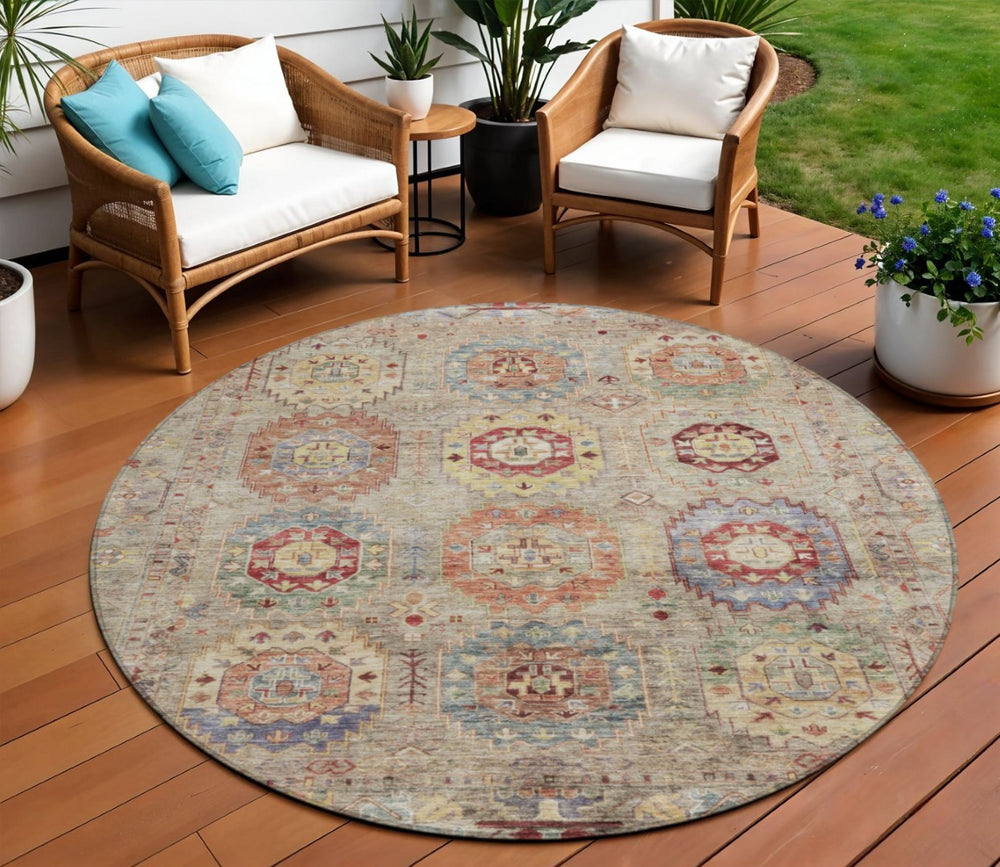 HomeRoots 8' Round Medallion Area Rug in Beige, Red & Blue - Durable, Washable for Indoor/Outdoor Use! 639397