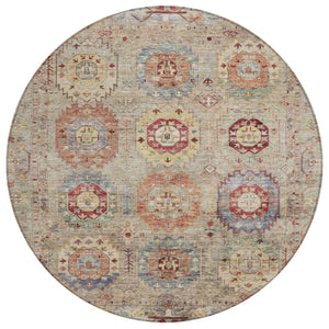 HomeRoots 8' Round Medallion Area Rug in Beige, Red & Blue - Durable, Washable for Indoor/Outdoor Use! 639397