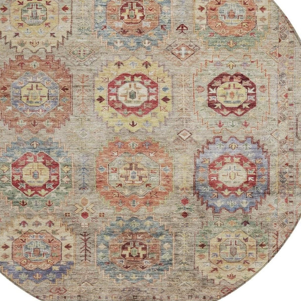 HomeRoots 8' Round Medallion Area Rug in Beige, Red & Blue - Durable, Washable for Indoor/Outdoor Use! 639397
