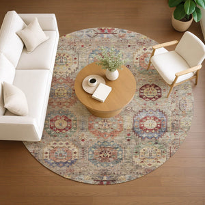 HomeRoots 8' Round Medallion Area Rug in Beige, Red & Blue - Durable, Washable for Indoor/Outdoor Use! 639397