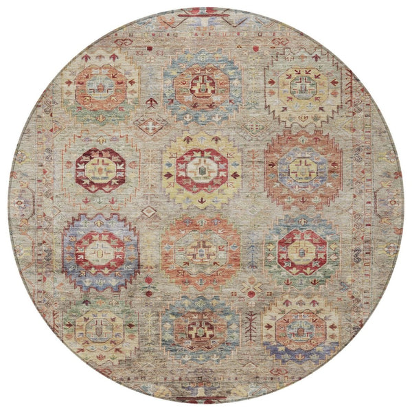HomeRoots 8' Round Medallion Area Rug in Beige, Red & Blue - Durable, Washable for Indoor/Outdoor Use! 639397