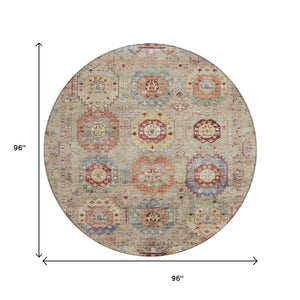 HomeRoots 8' Round Medallion Area Rug in Beige, Red & Blue - Durable, Washable for Indoor/Outdoor Use! 639397