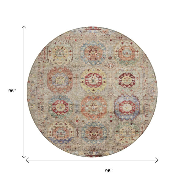 HomeRoots 8' Round Medallion Area Rug in Beige, Red & Blue - Durable, Washable for Indoor/Outdoor Use! 639397
