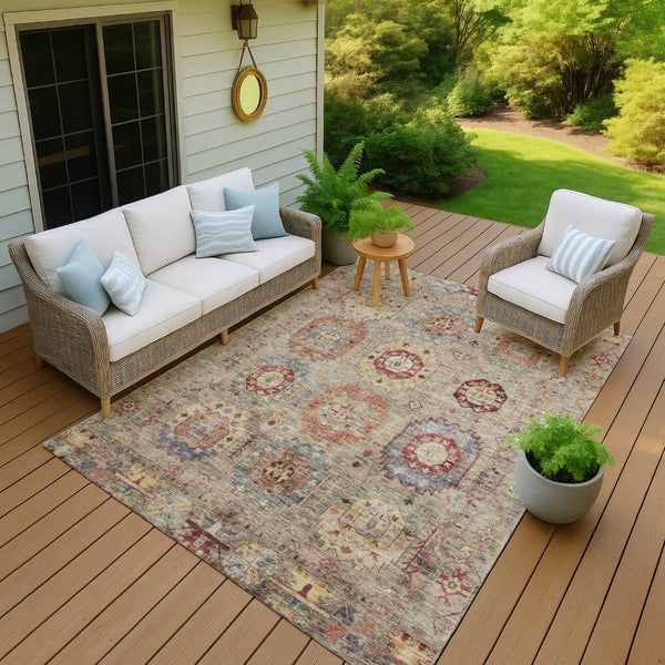 HomeRoots 9' Classic Medallion Indoor/Outdoor Area Rug in Beige, Red & Blue - Durable, Washable & Stylish! 639399