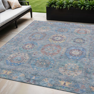 HomeRoots 5' Blue Wheat & Copper Medallion Washable Area Rug - Durable, Stylish, Indoor/Outdoor Use, Easy Care 639402