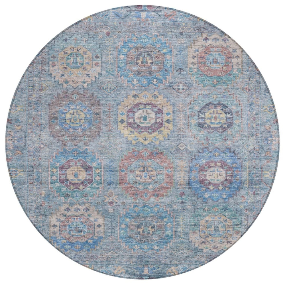 HomeRoots 8' Blue Wheat Copper Round Medallion Rug - Washable, Durable, Stylish Indoor Outdoor Area Accent 639403